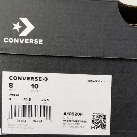 Converse CTAS Camp Converse Hi Tops Brand New Women's 10 White/Red #A10920F NWT - Picture 9 of 9